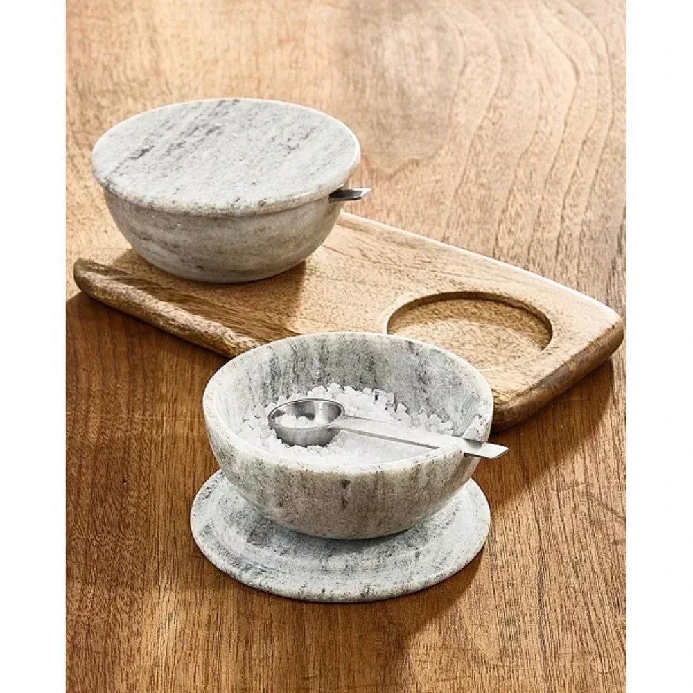 Oake 6-Piece Marble and‎ Acacia Wood Salt and Pepper Cellars Set with Spoons
